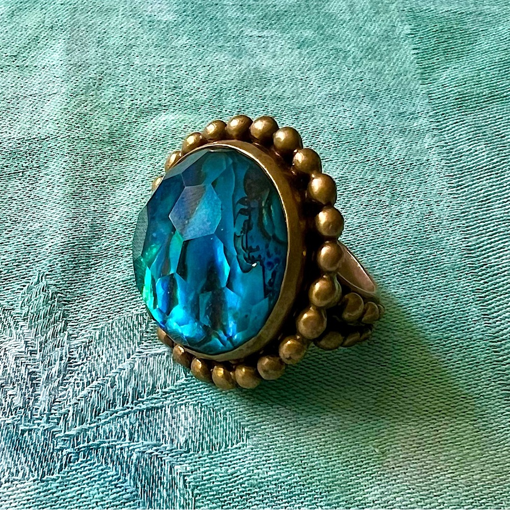Stephen Dweck Abalone & Rock Crystal Brass Ring